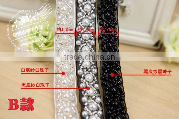 Handmade diy clothing collar accessories 1-3cm black white pearl decorative beaded lace trim