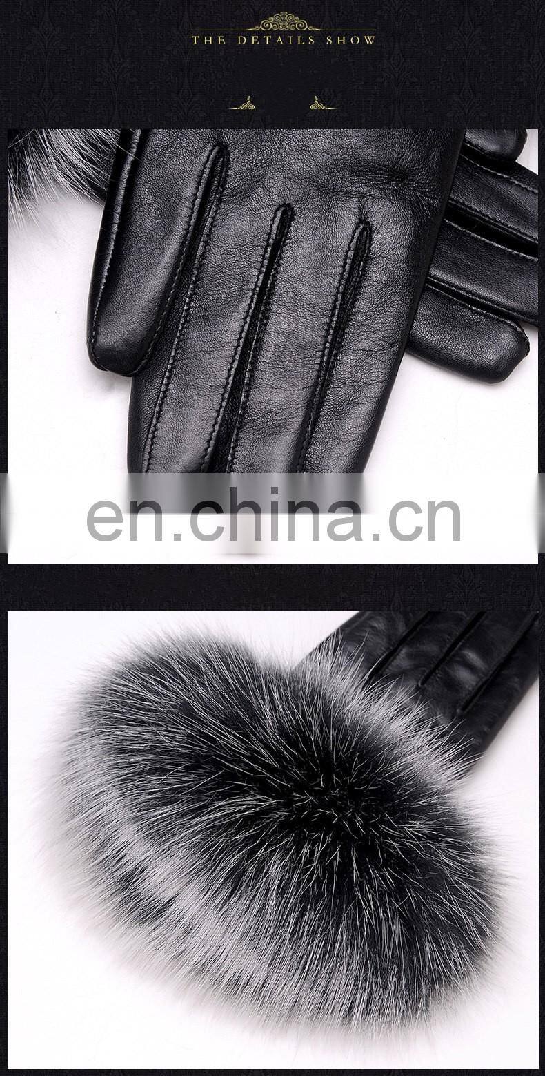 Genuine Sheepskin Leather Gloves Real Fox Fur Cuffs Gloves for Women Winter Leather Glove