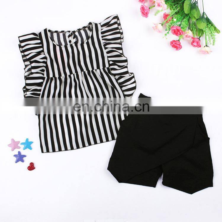 Girls wholesale boutique clothing kids clothing sets black white stripe t-shirt and shorts