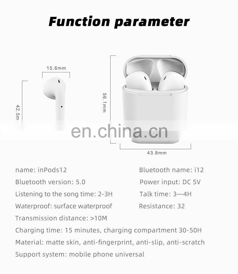Sports Bluetooth Earphone Inpods 12 TWS 5.0 Wireless Earphone Audio Earphone Best Headphones Wireless Factory Price Wholesale