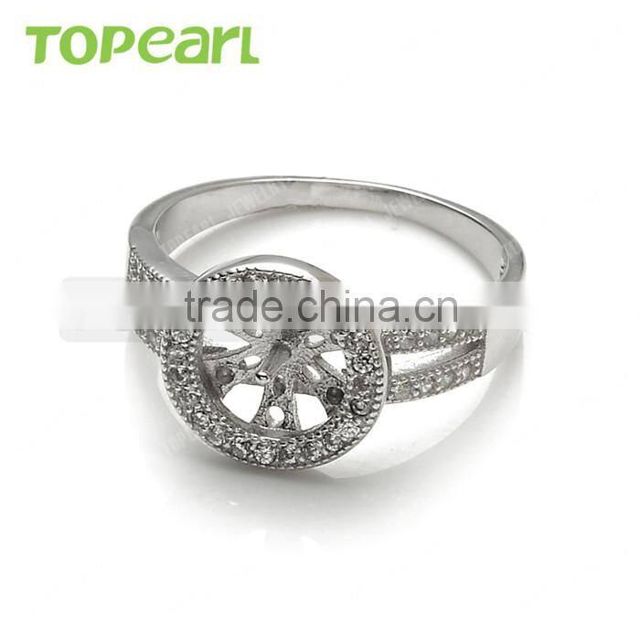 925 Sterling Silver Round Face Shiny Cubic Zirconia Ring Mountings Jewelry Findings & Components 9RM66