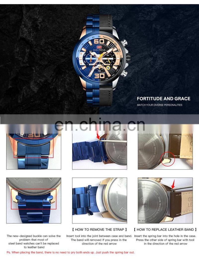 MINI FOCUS MF0336G Fashion Quartz Wristwatches Brand Luxury Men Watches Stainless Steel Leather Strap Sport Watches