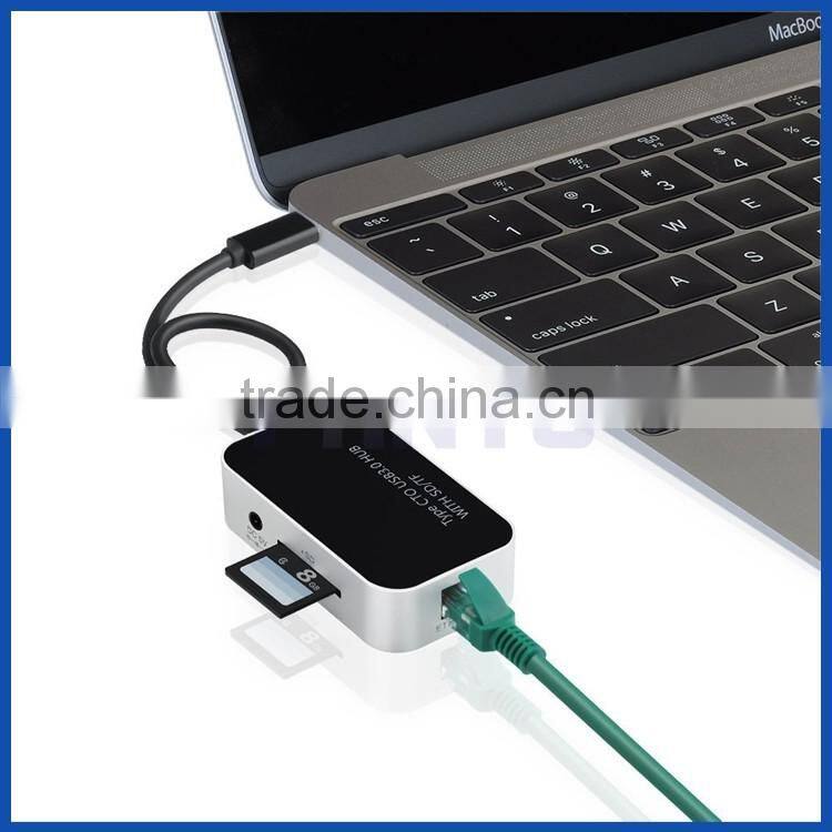 Multifunction 5-in-1 USB type C female to 2 ports USB 3.0 hub with TF/SD card reader + RJ45 10/100/1000Mbps Gigabit lan adapter