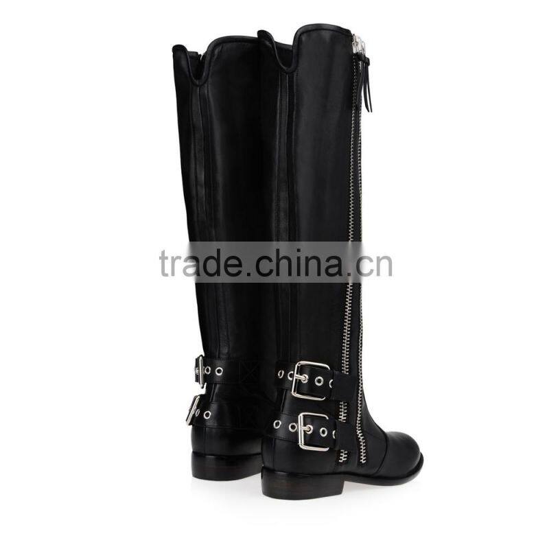 Newest Fashion Ladies Double Zippers Fall Winter Real Leather Knee Flat Heel Long Boot Women Over Knee High Boot