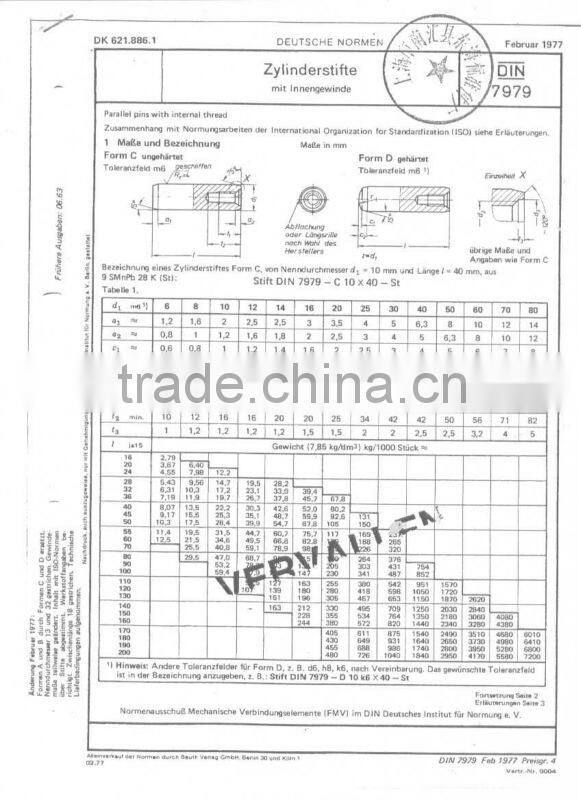 Parallel dowel pin with hollow threaded rod DIN7979 with air vent
