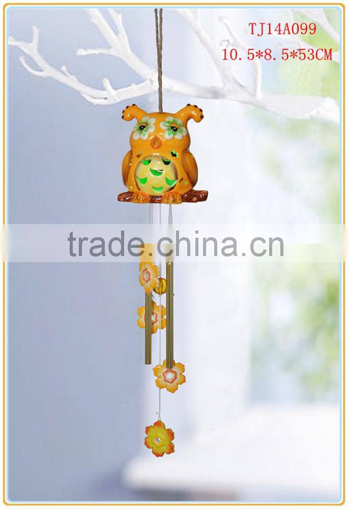 hot sale ceramic owl wind chimes with solar led garden lights wind-bell