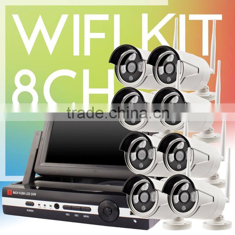 Vitevison H.264 8ch wifi NVR Kit 8 Channel HD Wireless Outdoor Camera Home Security System with 7inch Display Screen