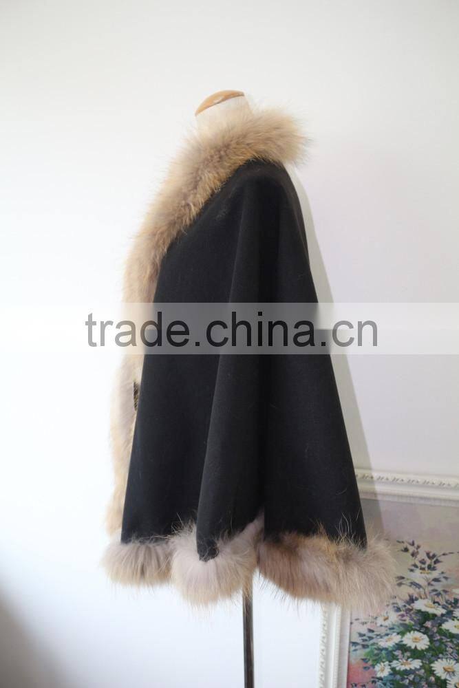 Graceful Natural Raccoon Fur Edge Cashmere Shawl Winter Fur Trim Pushmina Like Poncho Cape