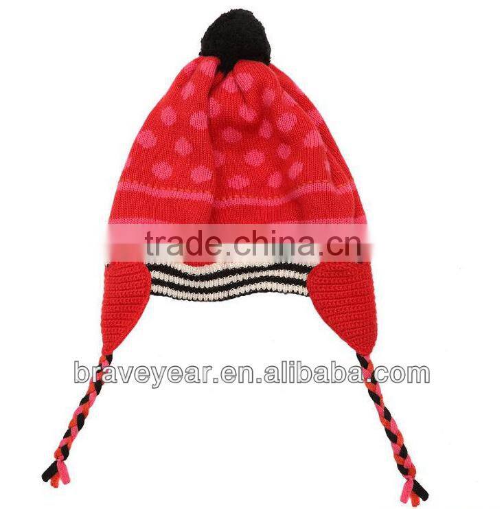 kids dots jacquard knitted pom pom hat with tassels and top ball