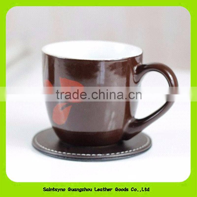 Solid Coffee Circular Cup Mat With Custom Logo, Faux Leather Coasters With Holder 16031