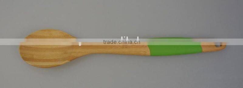 2015 Green Color Silicone Longe Handle More Thickness with Bamboo Wooden Spatula and Spoon Flat Utensil Set
