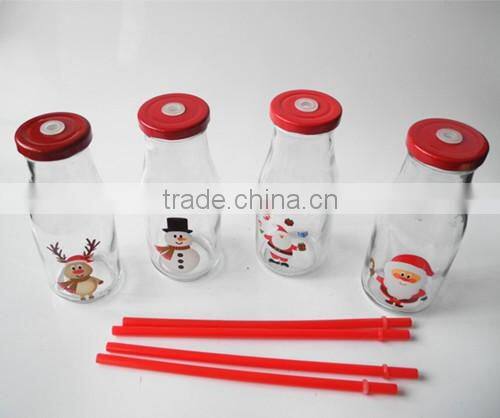 christmas use glass cow milk drinking bottles with red lid and straw