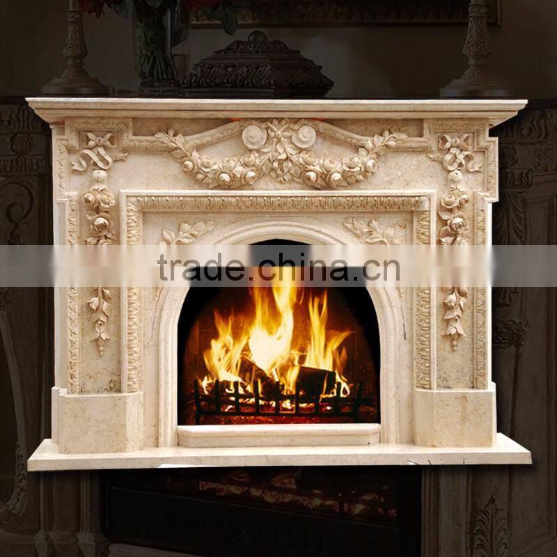 Luxury indoor decoration hand carved beige marble fireplace