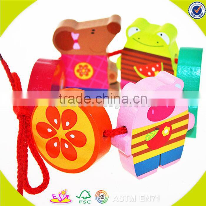 wholesale wooden happy threading toy for Kids, beautiful DIY wooden multitype blocks threading toy for children W11E041