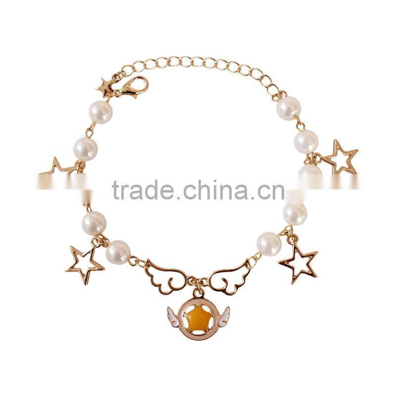 angel wing planet cross star charms bracelet pearl bead linked bracelet
