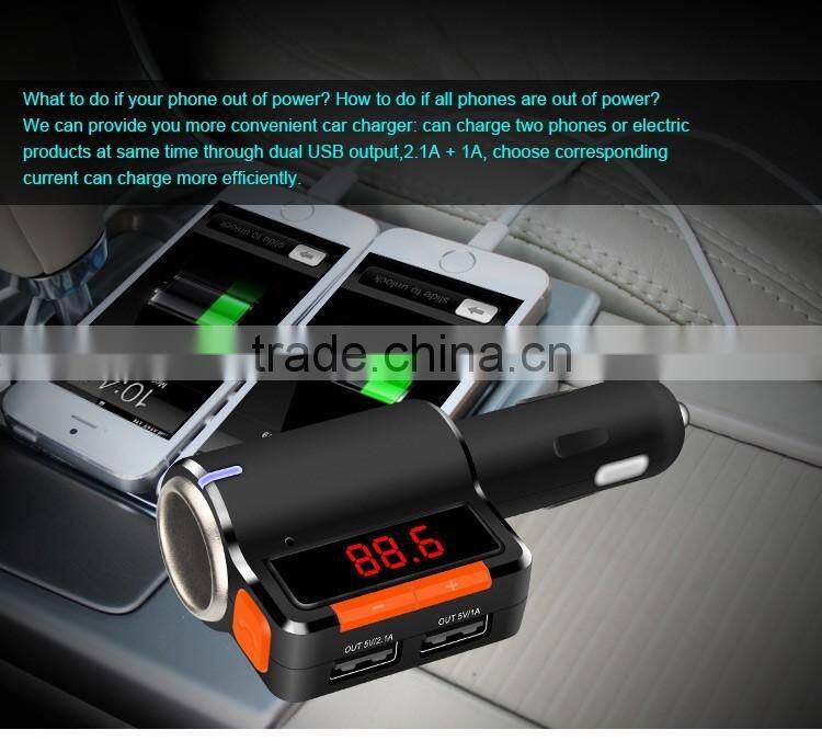 Dual USB Auto Car Charger kit with Wireless Bluetooth Hands Free Calling speaker MP3 Player FM Transmitter cigar lighter