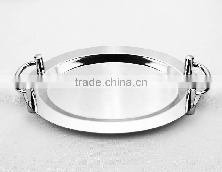 Mirror polish round stainless steel large serving tray with handle