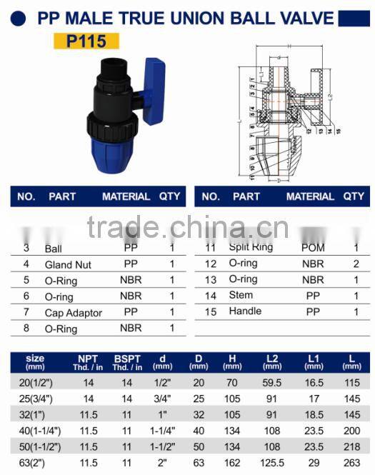 TY High quality PP compression fittings MALE TRUE UNION VALVE eco-friendly Cheap Price Full Size factory price list discount