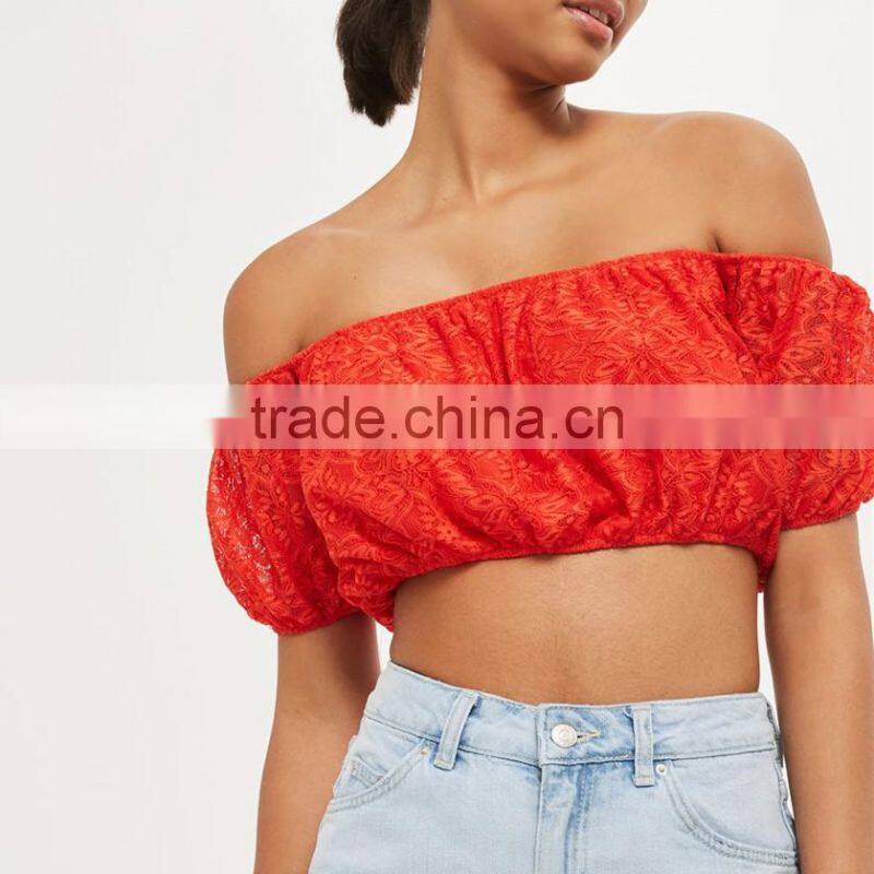 Good Reputation Elastic Hem Fashion Neckline Puff Sleeves Lace Stand-Out Crop Top