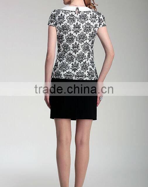 IWATOO Doll collar lace printed chiffon female T-shirt