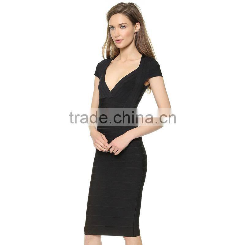 Europe New Sexy V-Neck Midriff cutout Cap Sleeve Knee Length All Black feminine Sheath Bandage Dress Plus Size H935