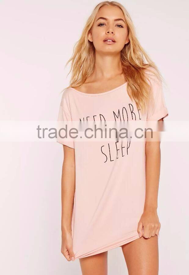 Custom Logo Need More Sleep Night Print Nightwear Shirt Roll Cuff Longline T-shirt Pajamas Short Sleeve Tee Dress