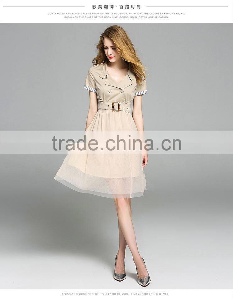 2017 summer for women Summer lapel stitching grenadine elegant short sleeve slim dress with belt