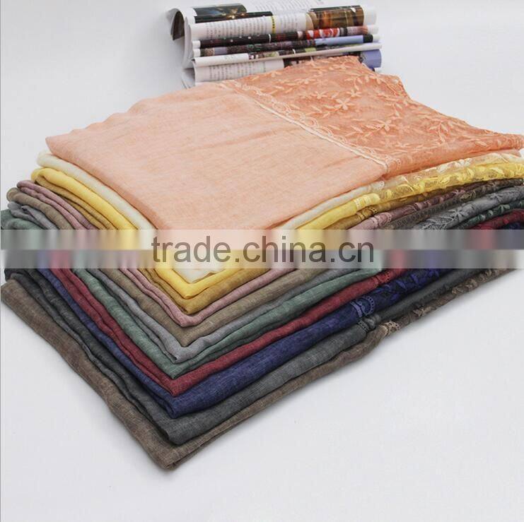 New fashion custom classic plain dyed linon viscose thin lace flower trim ribbon hijab scarf