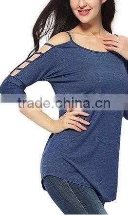 Women's 100% cotton comfort colors tShirts in bulk Hollowed Out Shoulder Three Quarter Sleeve