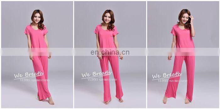 Women Bamboo Fiber Pajamas Short Sleeves Set Rose Red Beach Pants