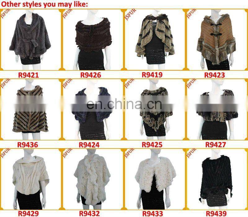 2014 Fashion women black rabbit fur knitted girls poncho sweater