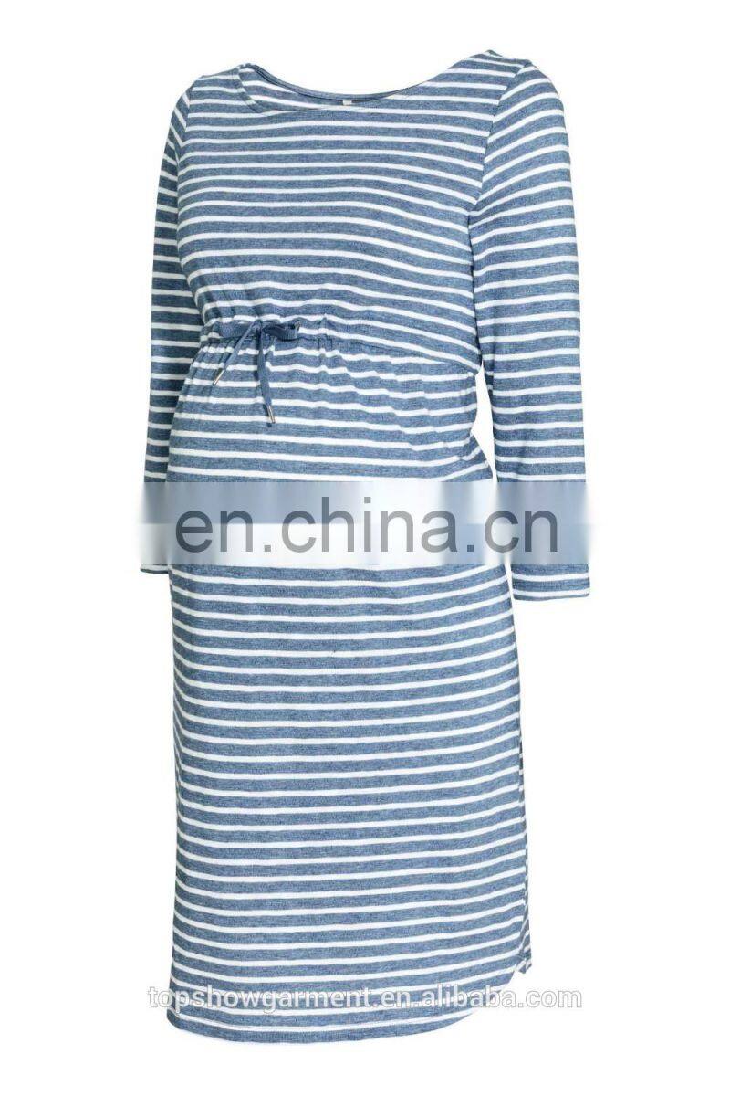 Hot sale 100% cotton maternity oem 3/4 sleeve dress in white blue stripes