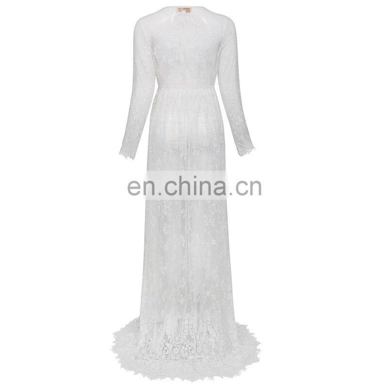 Kate Kasin Maternity Sexy Deep V-Neck Long Sleeve See-Through White Lace Maxi Long Maternity Dress KK001082-2