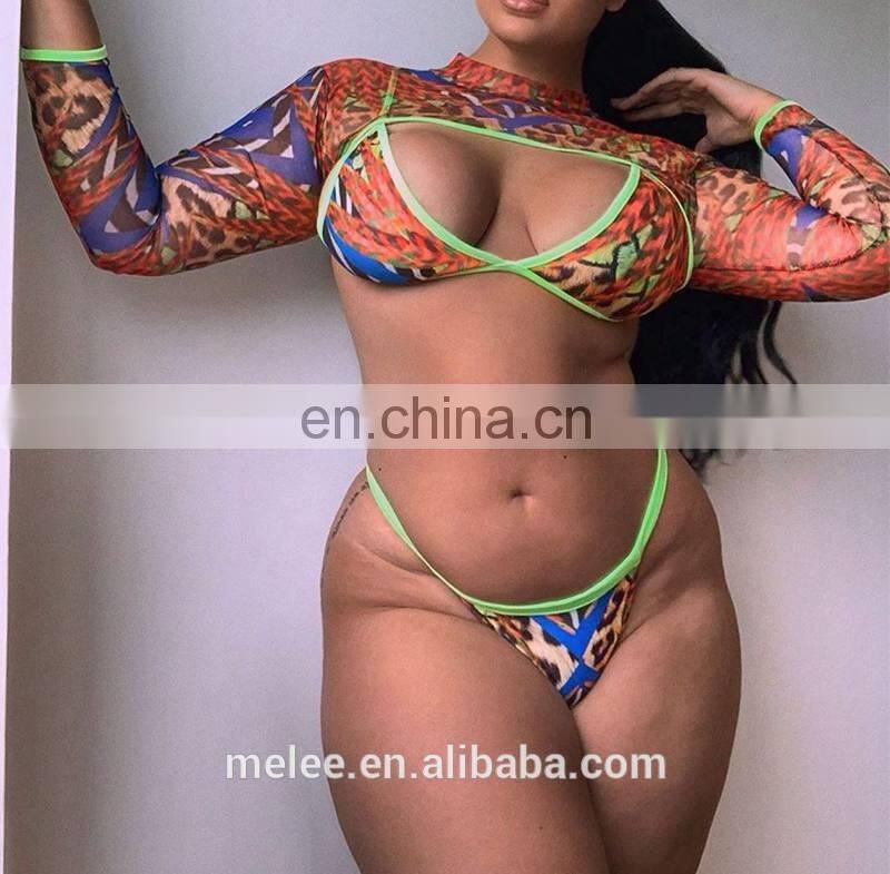 RST 2pc 3Pieces Long Sleeve Cover Up Bathing Suit bikinis 2020 women leopard swimwear beachwear swimwear