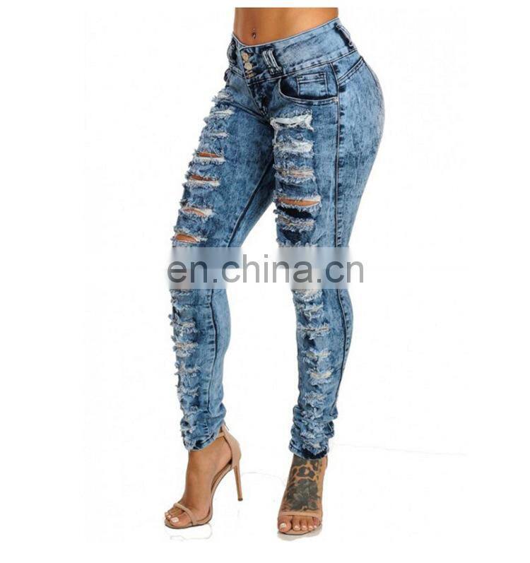 Customized wholesale new style jeans ripped high waist single breasted jeans with small feet pencil pants trousers washed pants