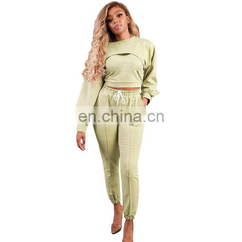 New Products 2021 Ladies Long Sleeve Bodysuit Jumpsuit 3 Piece Set Ladies Stacking Jogging Set