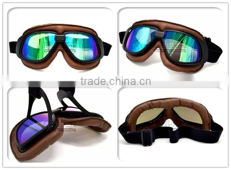 BJ-GT-008 Fold Design Brown Leather Colorful Lens Motorcycle Goggles Roll Off