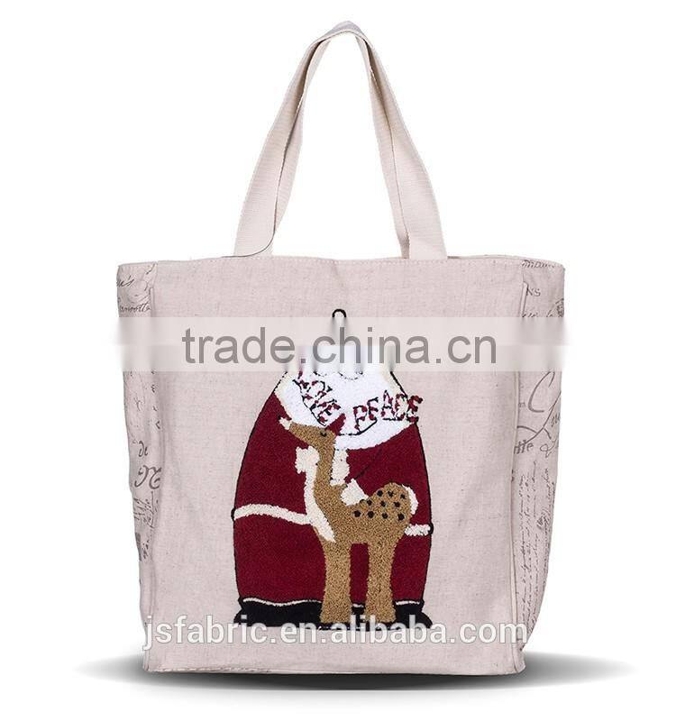 Linen Cotton Big Size Girl Canvas Embroidery Christmas Tote Bag