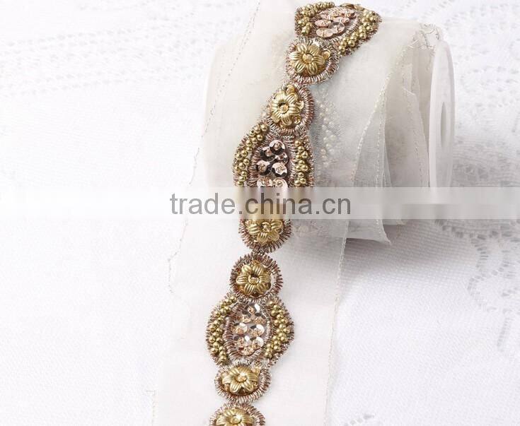 Gold Color beaded and Sequin Lace Trimming For Dress Wholesale