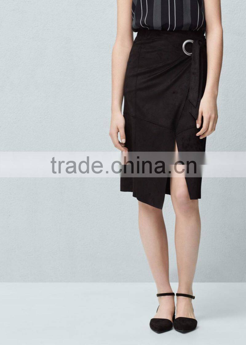 Custom Slit With Buckle Women Black Faux Suede Wrap Skirt