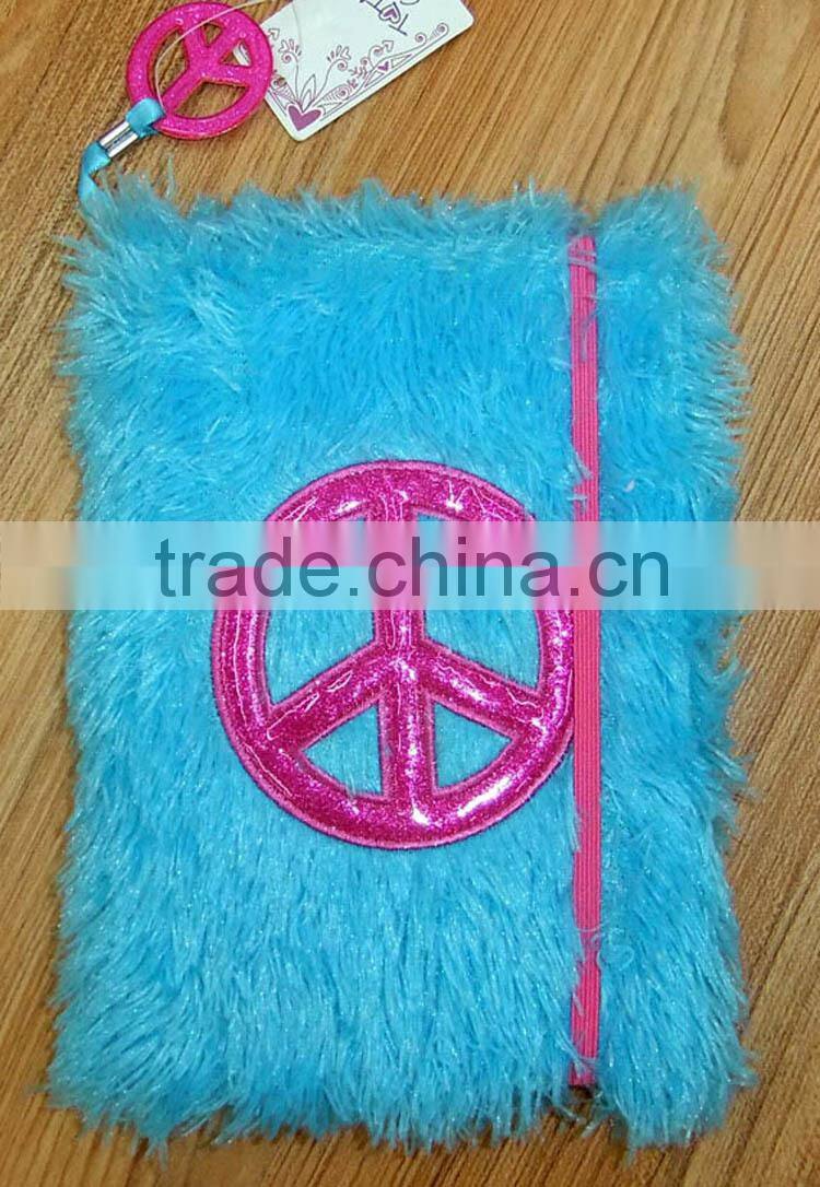 Blue Plush Cover Peace Embroidered Notebook with Elastic Bands Enclosure