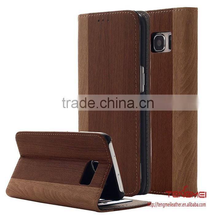 Wood grain PU leather wallet case stand cover for samsung galaxy s7 edge