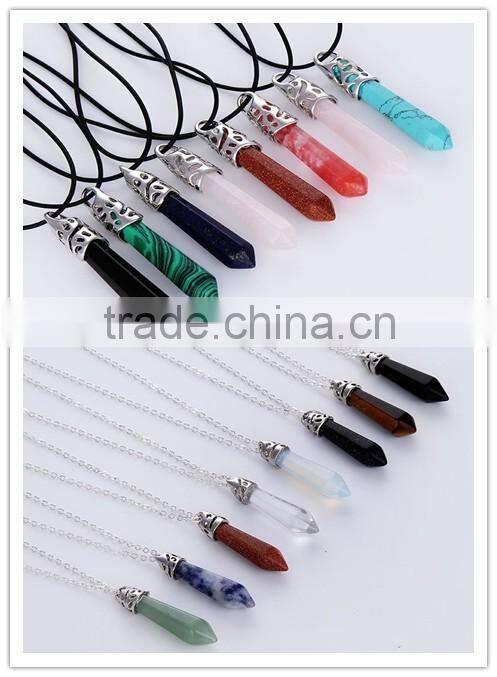 2016 Wholesale Quartz Stone Pendants Natural Crystal Point Pendant Lapis Lazuli Crystal Prism Conical Jewelry Necklace