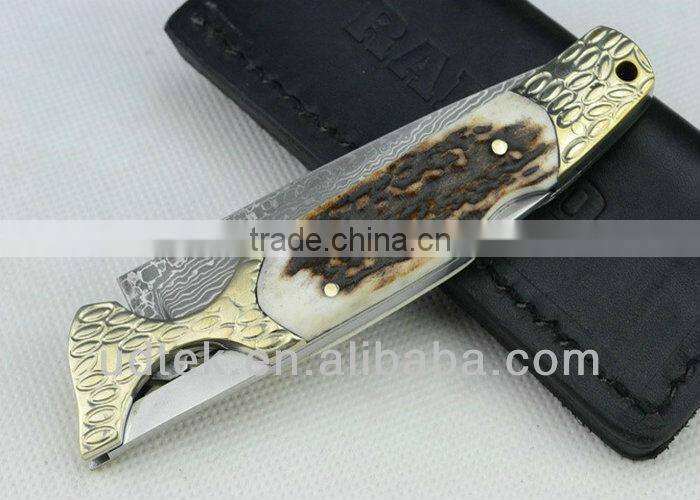Antler + Brass Handle OEM Damascus Steel Folding Knife Collection Knife Hand Tool UDTEK01304