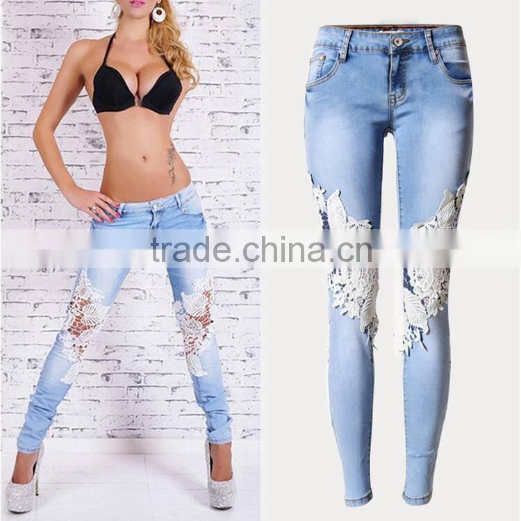 2016 Summer Fashion Women Sexy See Through Jean Pants Ladies Fancy Lace Patchwork Vogue Narrow Bottom New Model Jeans For Lady