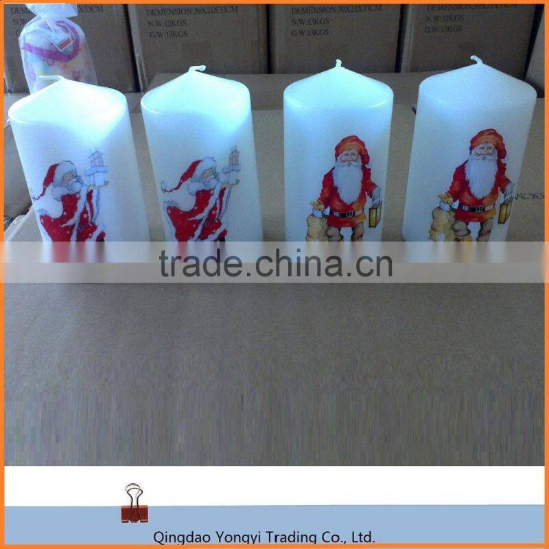 Christmas Pillar Candle For Sale; Decorative Candle For Christmas Day; White Pillar Candle With the Logo of Father Christmas