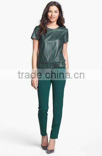 Green short sleeve Pu Leather tops new fashion girls tops 2016