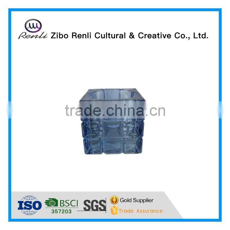 Blue Ribbed Square Cube Recycled Unique Glass Candle Jars