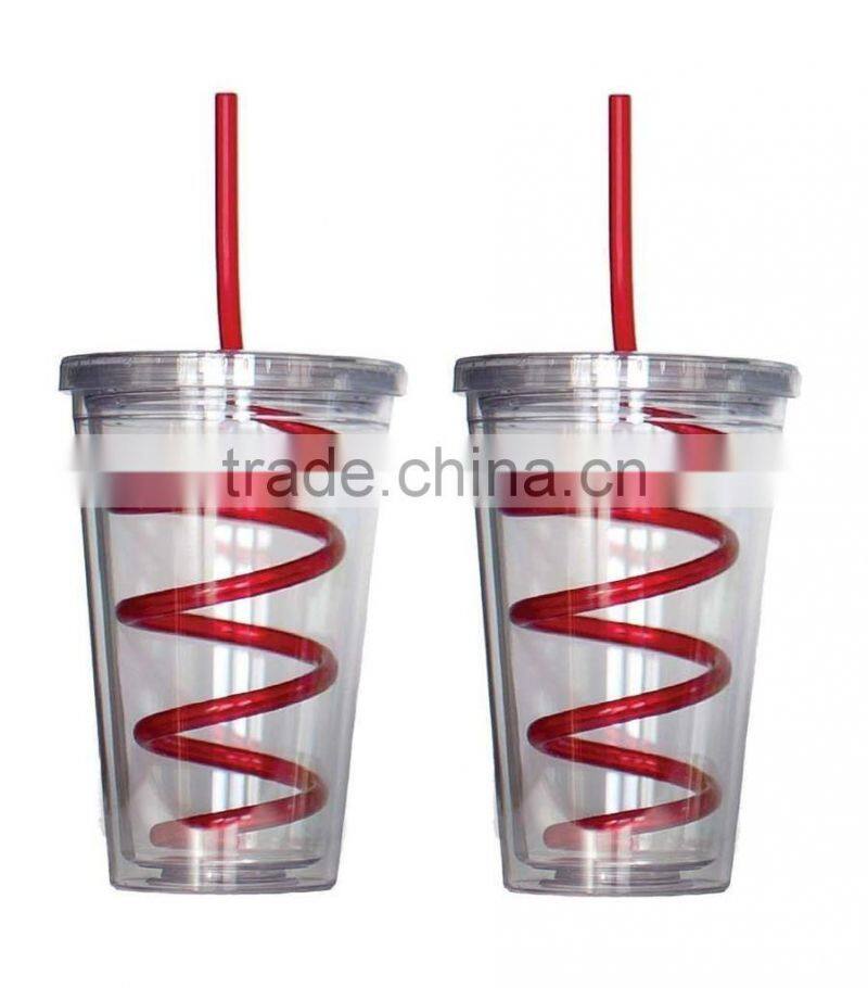 Single wall Insulated Plastic Drink Cup Glass w Curly Crazy Straw Travel Tumbler