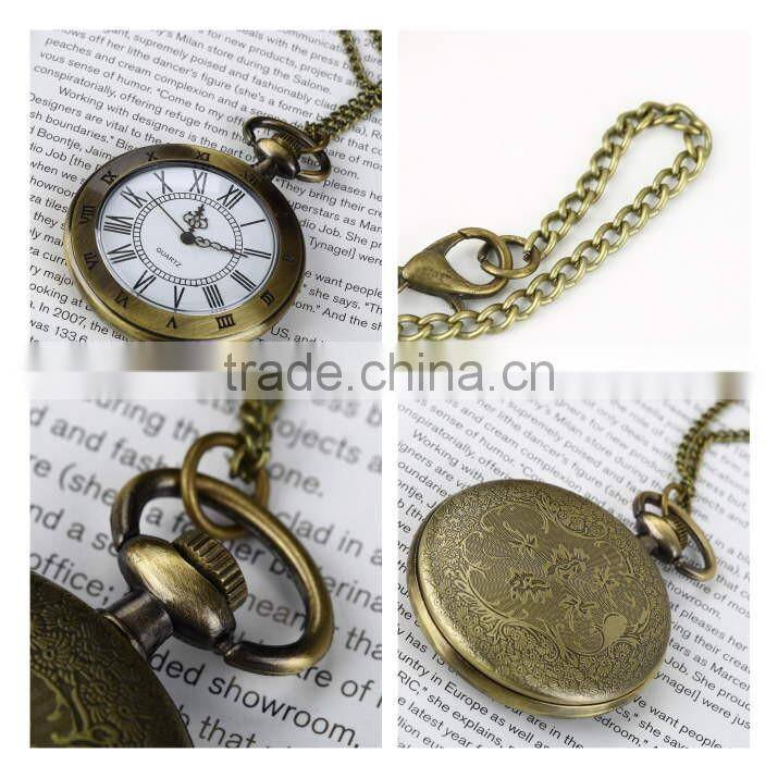 Antique Quartz Watch Bronze Roman Numerals Chain Necklace Pendant Quartz Empty Pocket Watch